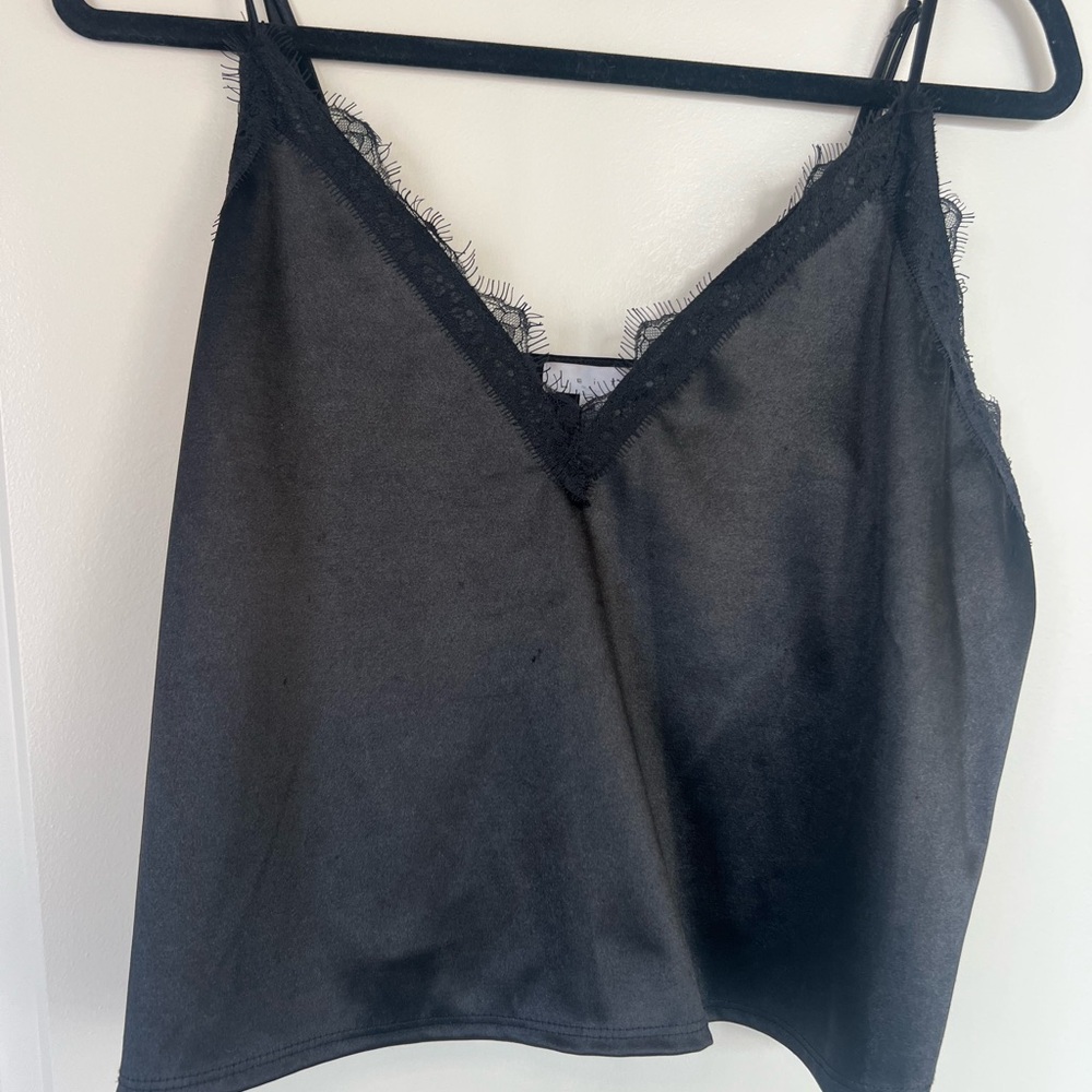 Leith Black Satin Top with Frayed Trim